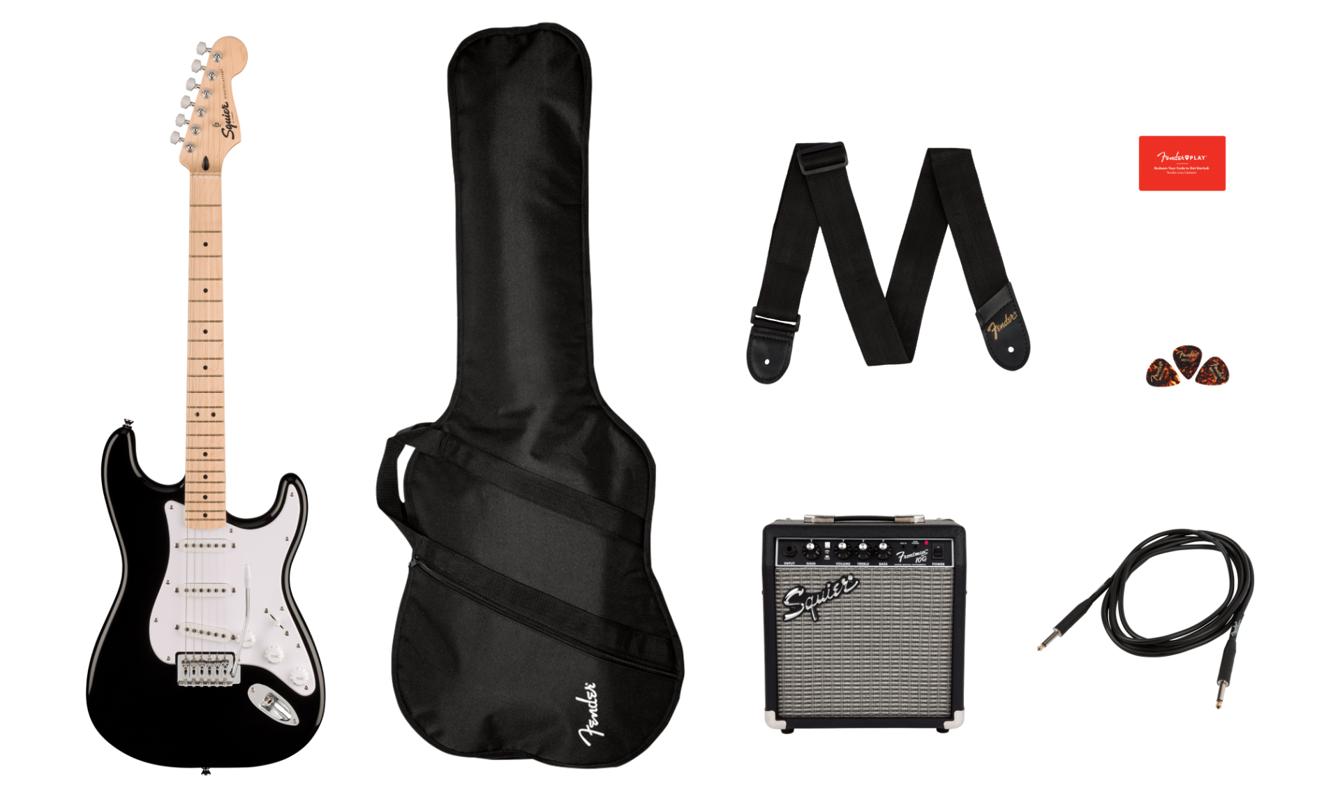 Fender Squier Sonic Stratocaster Pack, Maple Fingerboard, Black, Gig Bag, 10G