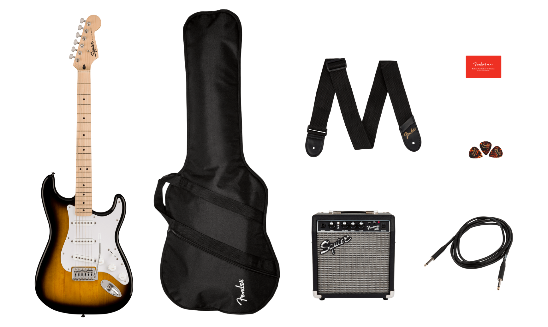 Fender Squier Sonic Stratocaster Pack, Maple Fingerboard, 2-Color Sunburst ,Gig Bag, 10G