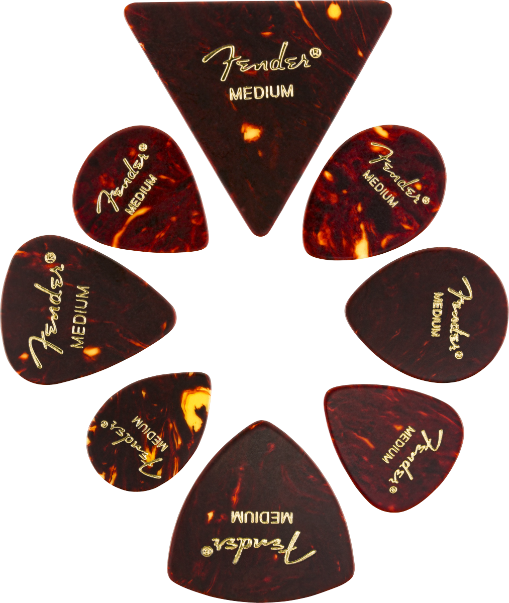 Fender All Shapes, Celluloid Medley, Tortoise Shell, Medium, confezione da 8 Plettri
