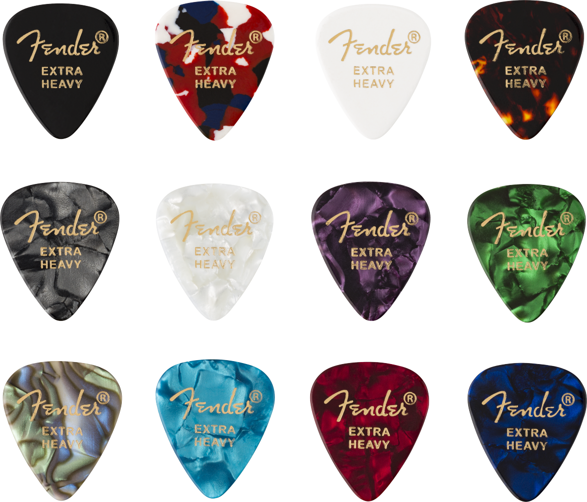 Fender 351 Shape, Celluloid Medley, Extra Heavy confezione da 12 Plettri