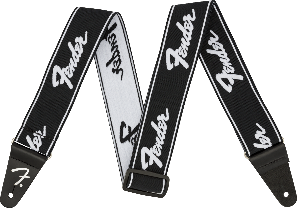 Fender WeighLess Running Logo Strap, Black/White, 2"