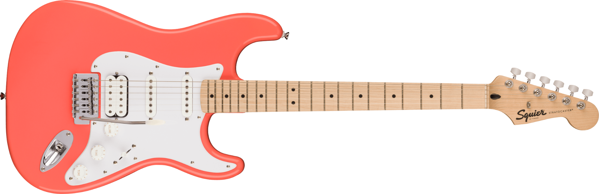 Fender Squier Sonic Stratocaster HSS, Maple Fingerboard, White Pickguard, Tahitian Coral