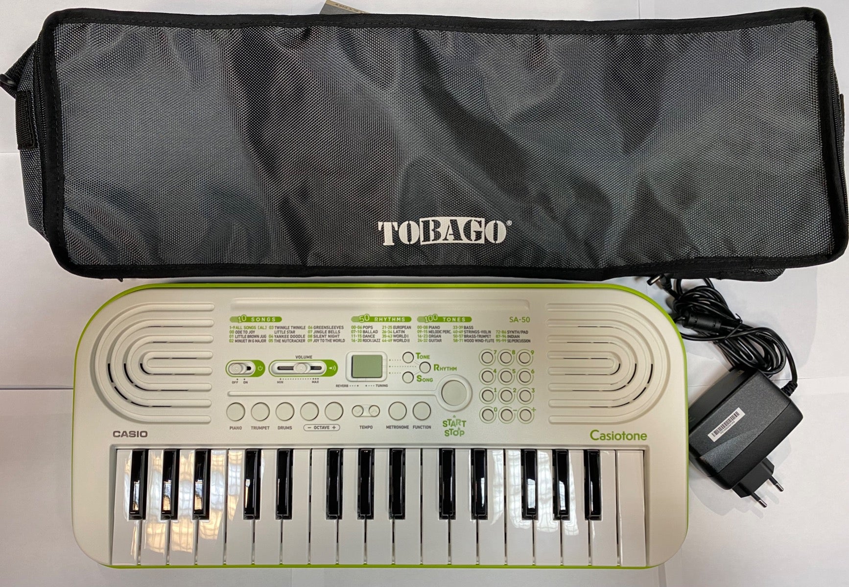 Casio SA-50 Tastiera con 32 Tasti Mini White/Lime Green con borsa Tobago e alimentatore Casio