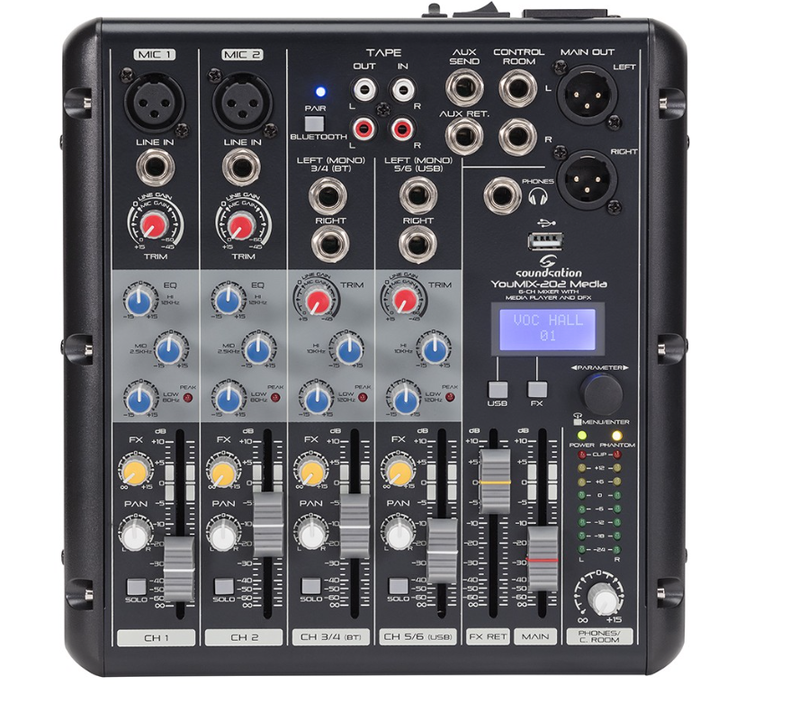 SOUNDSATION YOUMIX-202 MEDIA Mixer Professionale 6-Canali con Lettore MP3, connessione BT e Multieffetto